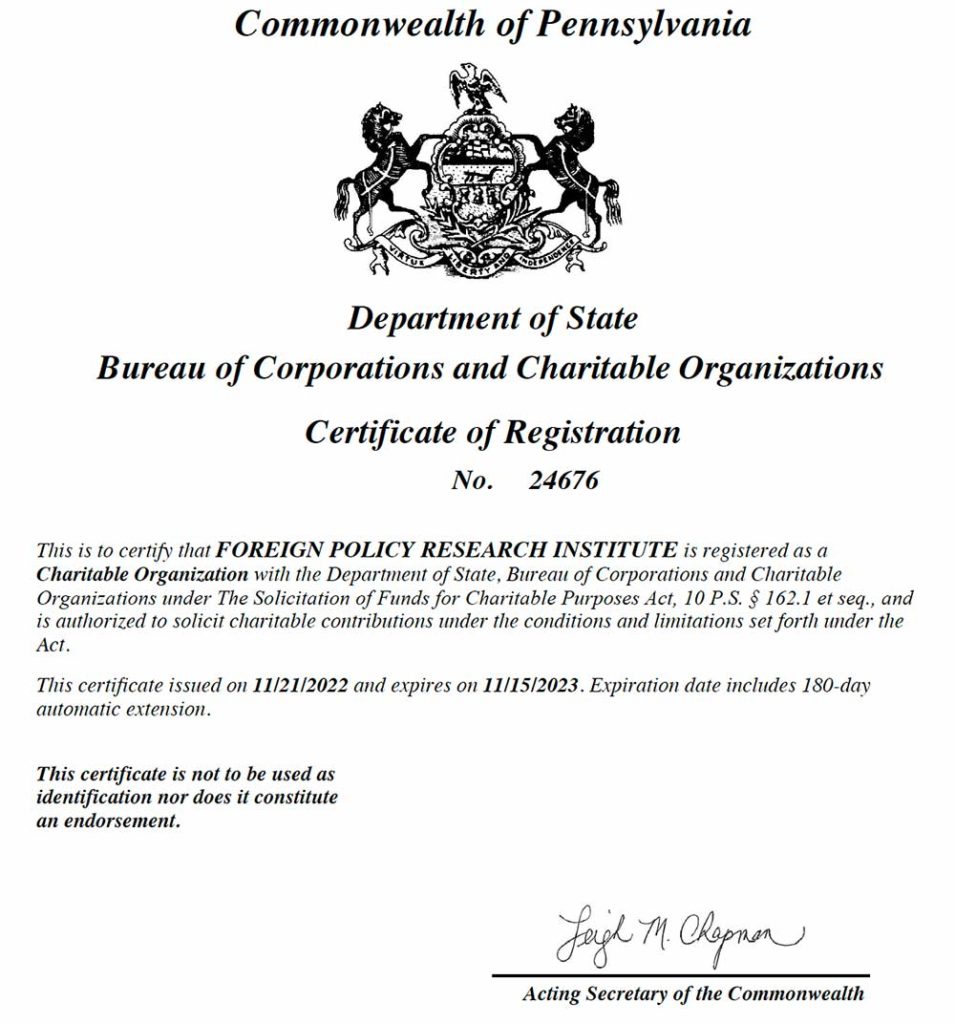 PA Certificate of Charitable Registration FPRI